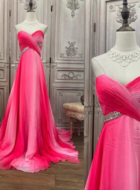 S 4XL 5XL 6XL 粉红色渐变大摆雪纺礼服裙 特大码礼服 演出艺考