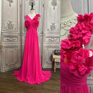 xs s 玫红色度假风礼服裙 显白超大摆 古早礼服生日礼裙 雪纺裙bt