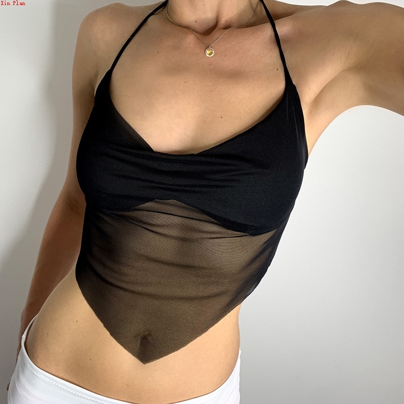 欧美女装网纱方巾性感露背挂脖吊带小背心Mesh neck strap vest