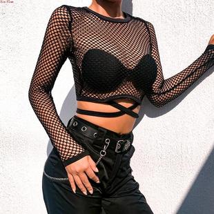 sexy mesh Top Shirt 网纱镂空绑带性感透视T恤上衣Women 女装