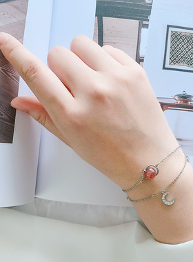 纯银招桃花粉水晶树枝森系手环