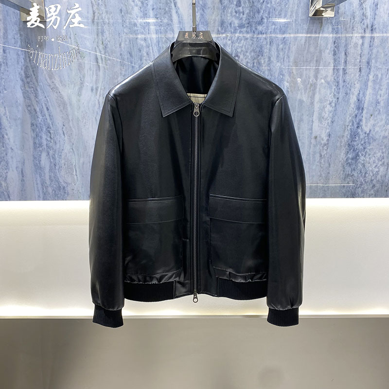 高端欧货男士秋冬翻领商务皮夹克