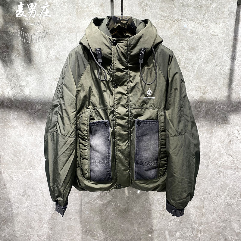 高端欧货男士冬季新款25连帽牛仔拼接加厚鸭绒羽绒服夹克外套潮牌