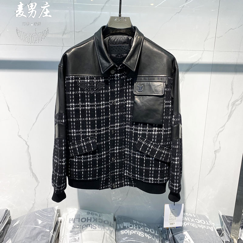 高端潮流男士25冬季真皮羽绒服外套格子拼色休闲时尚夹克青年轻奢