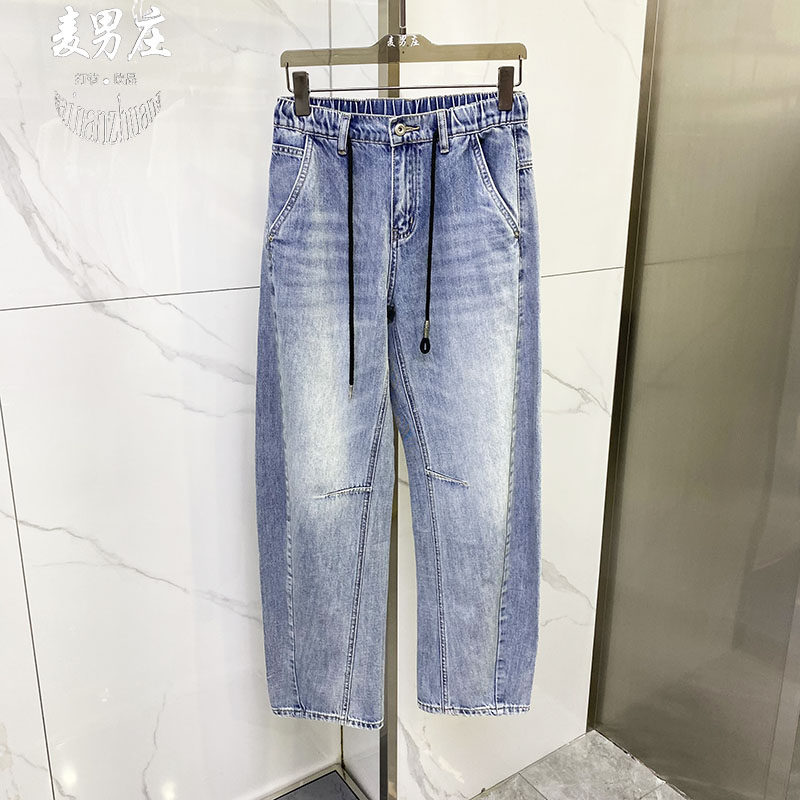 男士春夏系带松紧宽松直筒牛仔裤