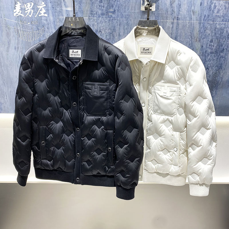 高端欧货男士冬季新款2025压花字母翻领90白鸭绒夹克外套羽绒服潮