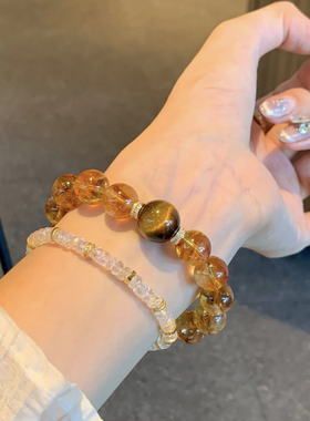「招财水晶系列」原创设计天然黄塔晶黄水晶草莓晶虎眼石手串手链