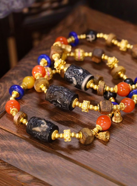 新款原创手串10mm牛骨搭配沉香木药片珠财神天珠檀木醒狮头手串