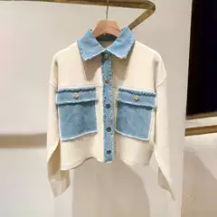 High-End Version European Design S Brand Women's Clothing French Denim Patchwork Casual Color-Blocking Frayed Trim Short Jacket