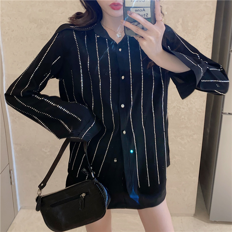 2020秋新品黑白两色奢华重工钻条钻石bling闪闪显瘦百搭时髦衬衫