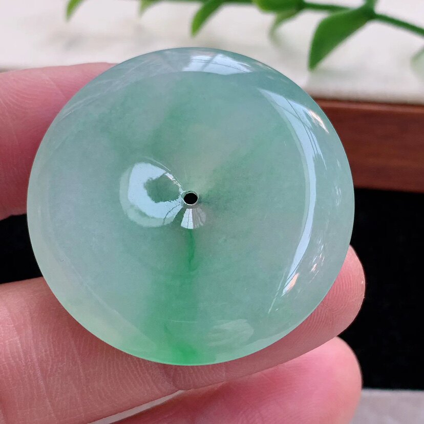 Zzx实拍缅甸翡翠A货冰透飘金丝绿饱满大平安扣怀古玉坠35.2*6.2mm