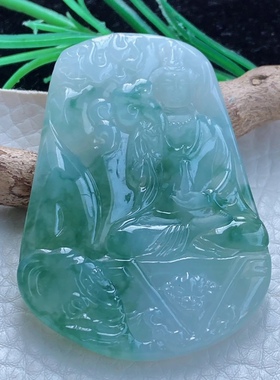 qxm自然光缅甸翡翠精雕冰飘花普贤观音玉坠守护神63.8*44.3*5.5mm