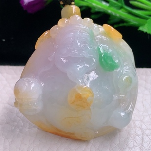 yl实拍46.2 21.8天然翡翠a货三彩黄加绿财神爷吊坠招财进宝 48.8