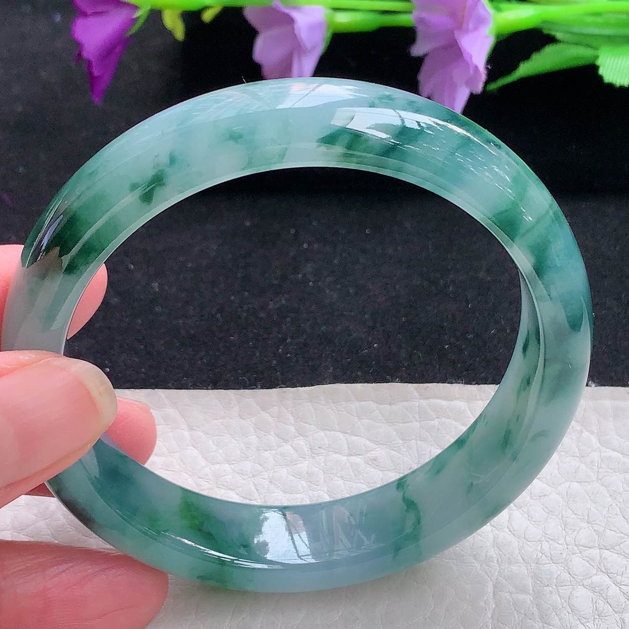 js大圈口60*14*7.8平安镯 天然缅甸翡翠冰飘花宽边玉手镯 玉手环