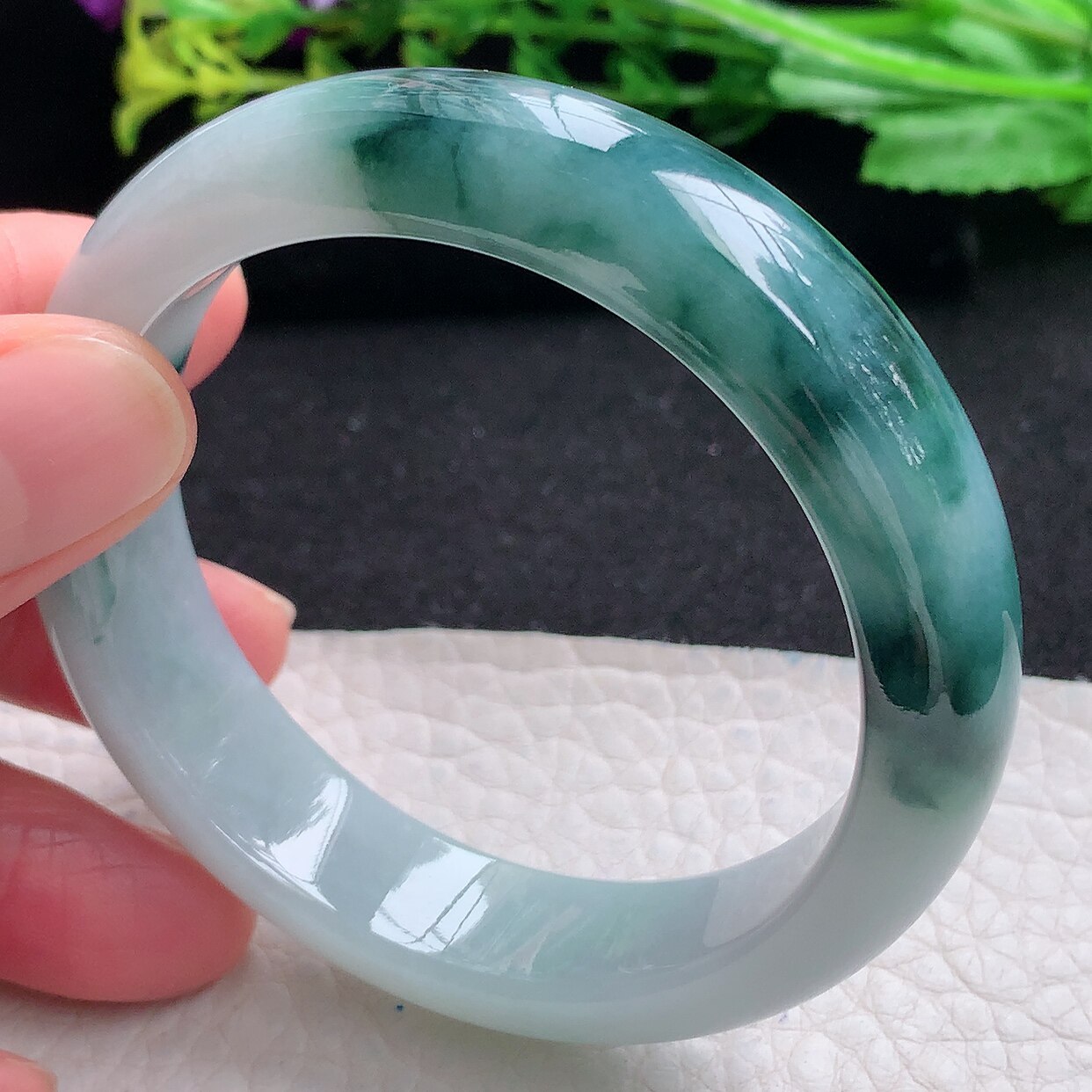 yh自然光53*14*8平安镯 天然缅甸翡翠a货半山水飘蓝花宽边玉手镯