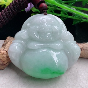 zen自然光43.547.5*12.8缅甸翡翠饱满飘绿佛公弥勒佛玉吊坠毛衣坠