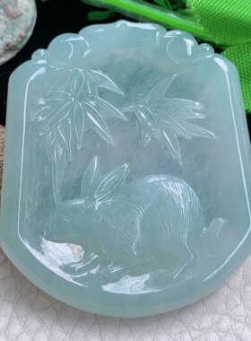 ktj实拍54*48*6缅甸翡翠a货精雕冰晴兔子 生肖兔玉吊坠 玉挂件