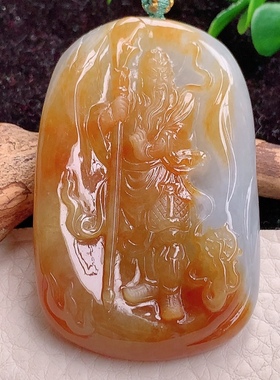 yn实拍黄翡缅甸翡翠A货双彩关公关二爷玉吊坠玉挂件58*37.3*9.9mm