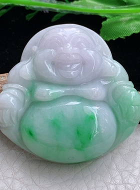 zen实拍45.3*47*12缅甸翡翠精美春带彩大佛公 弥勒佛玉项坠 挂件