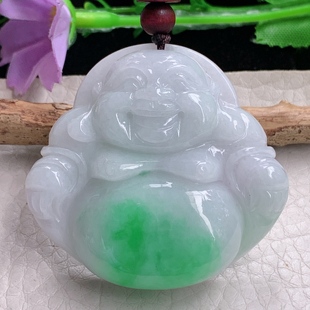 zen实拍44*47*12缅甸翡翠飘绿大佛公吊坠白底青弥勒佛像毛衣坠