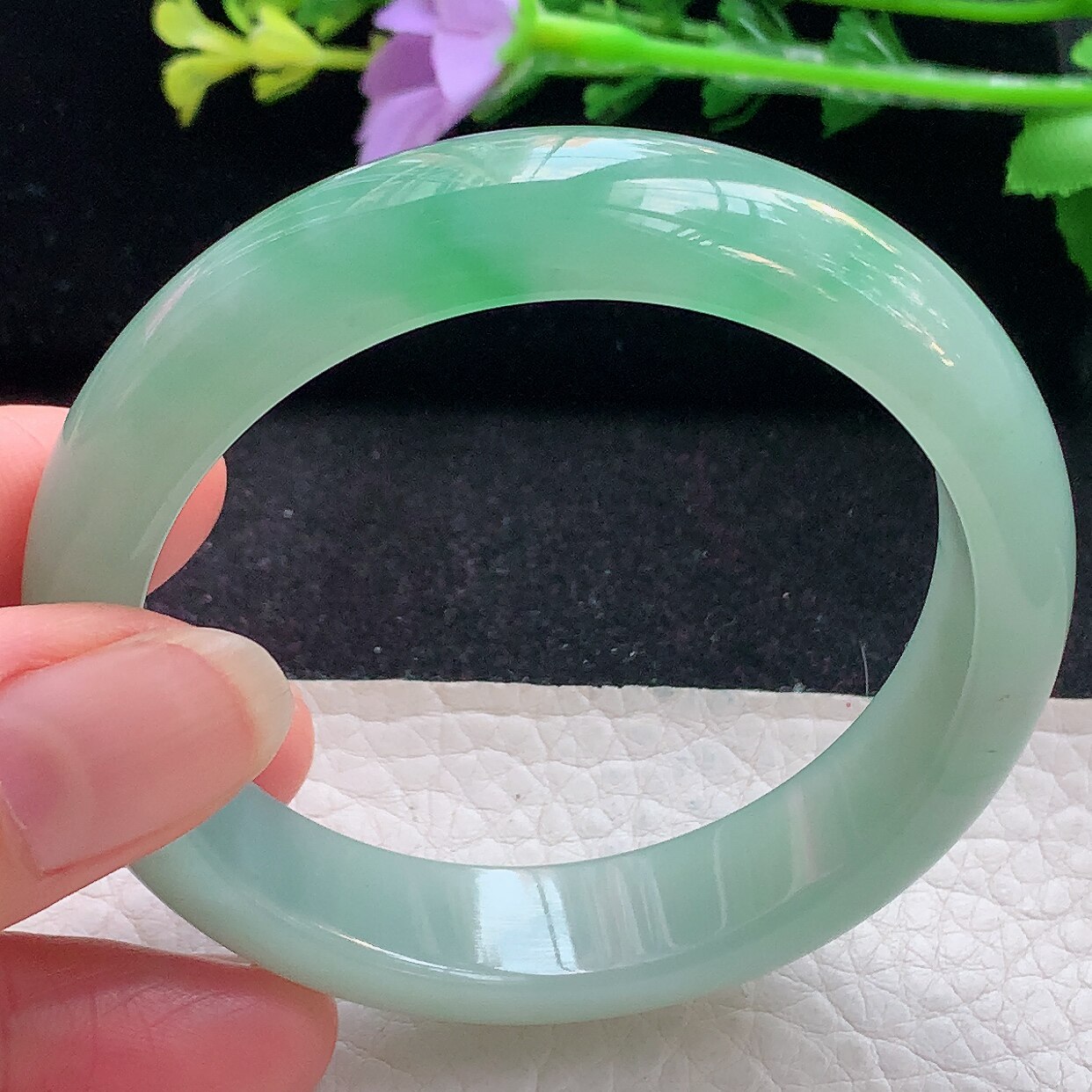 r自然光54.5*13.3*7.6平安镯 翡翠a货玉手镯冰绿宽边珠宝玉手环