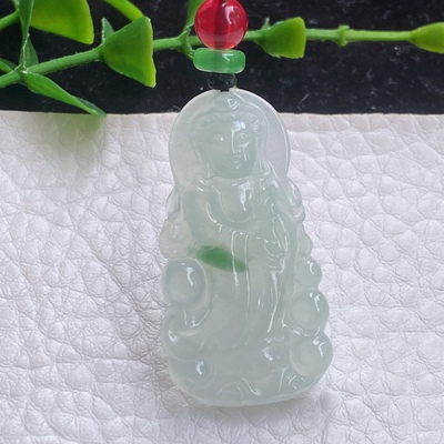 Cy自然光 缅甸翡翠A货冰飘花正庄观音 站观音玉坠 36.4*19.5*3.5