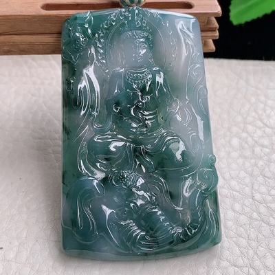 yl自然光66*41.6*6缅甸翡翠冰蓝水普贤观音菩萨吊坠守护神四六牌
