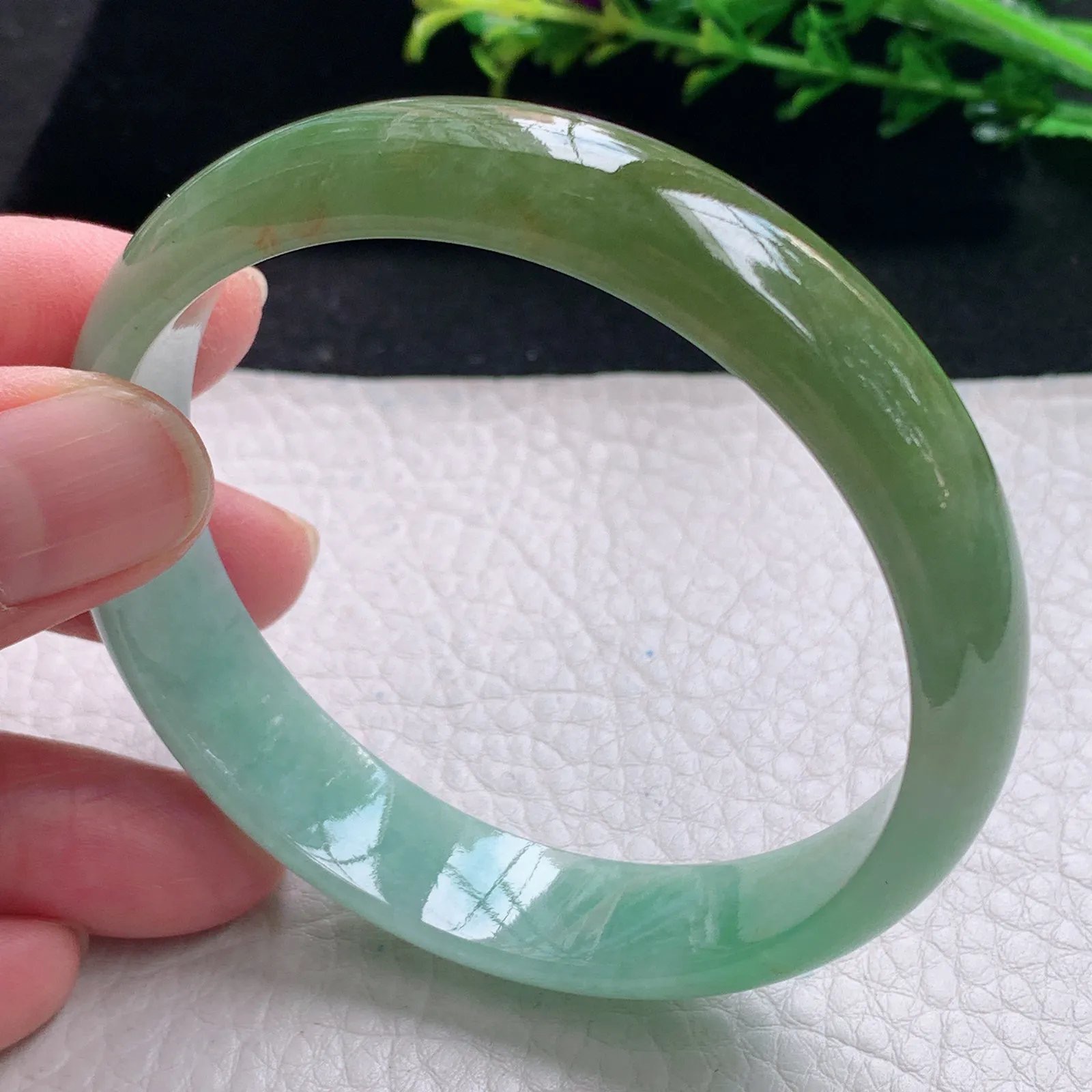 js自然光58*13*6平安镯 缅甸翡翠a货手镯双彩正圈宽边玉手环