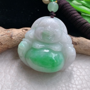 zen自然光33.534.5*12.6天然缅甸翡翠饱满白底青弥勒小佛公玉吊坠