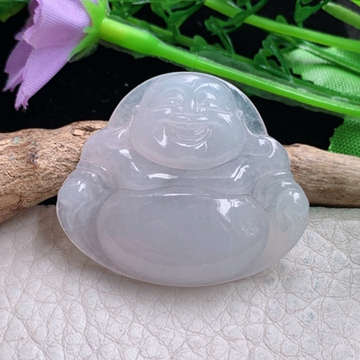 qz实拍32.3*37.8*5.8缅甸翡翠a货精雕白月光佛公 弥勒佛玉吊坠