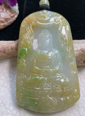 yl实拍63*38*8.5缅甸翡翠a货精雕三彩大日如来佛祖 佛主玉吊坠