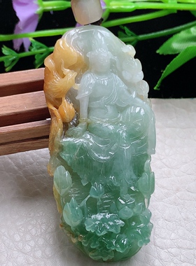 lz实拍70*30*11缅甸翡翠三彩倚凤观音吊坠 自在观音菩萨项坠