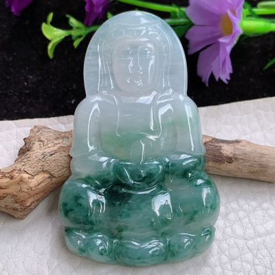 zen实拍63.6*39.5*5.7天然冰飘花翡翠观音吊坠玉观音玉坠 毛衣坠
