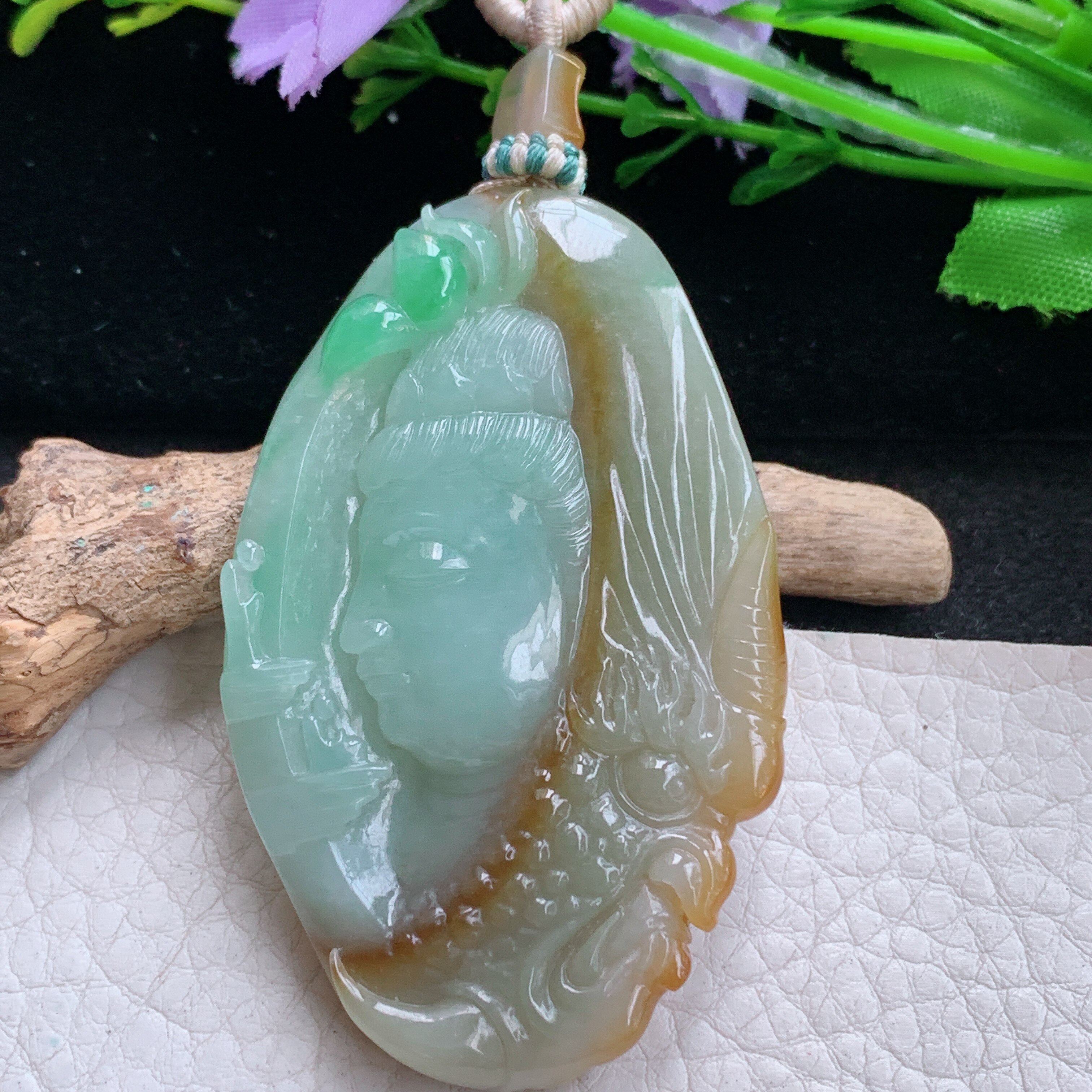 cys实拍63*39*7.6缅甸翡翠精雕三彩一念之间 佛祖玉吊坠 玉挂件