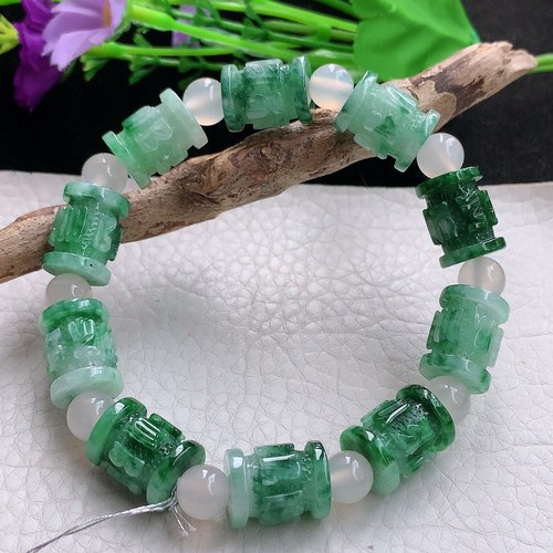 xqa实拍15*12缅甸翡翠精雕冰飘花六字真言玉手链 玉手串