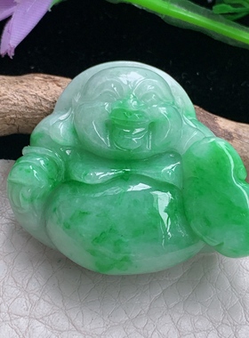 zen自然光32.5*38.3*12.5天然缅甸翡翠辣绿佛公 开心佛玉吊坠