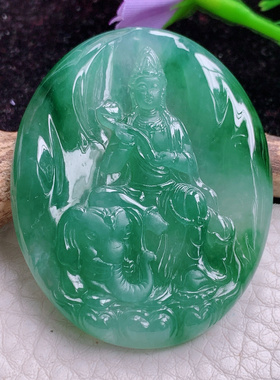 ktj实拍47.7*38.3*5.2天然翡翠胶感冰油生肖守护神普贤菩萨玉吊坠