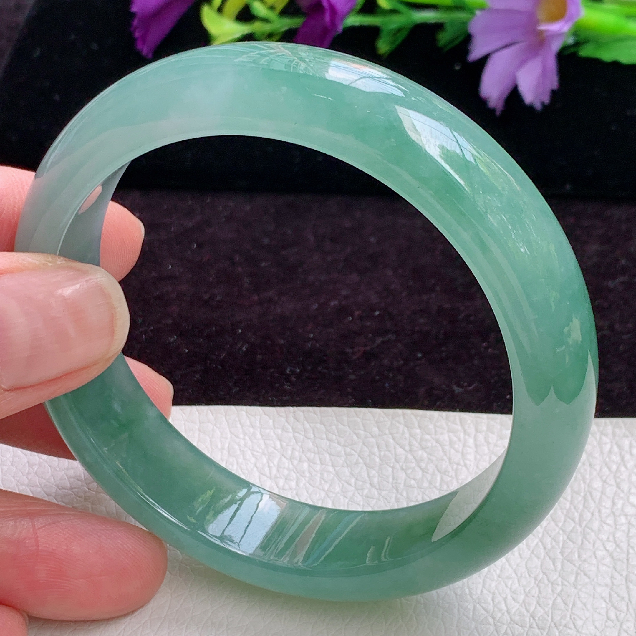 xo实拍55.5*11*8.5天然翡翠手镯缅甸冰油绿玉镯子正圈宽边平安镯