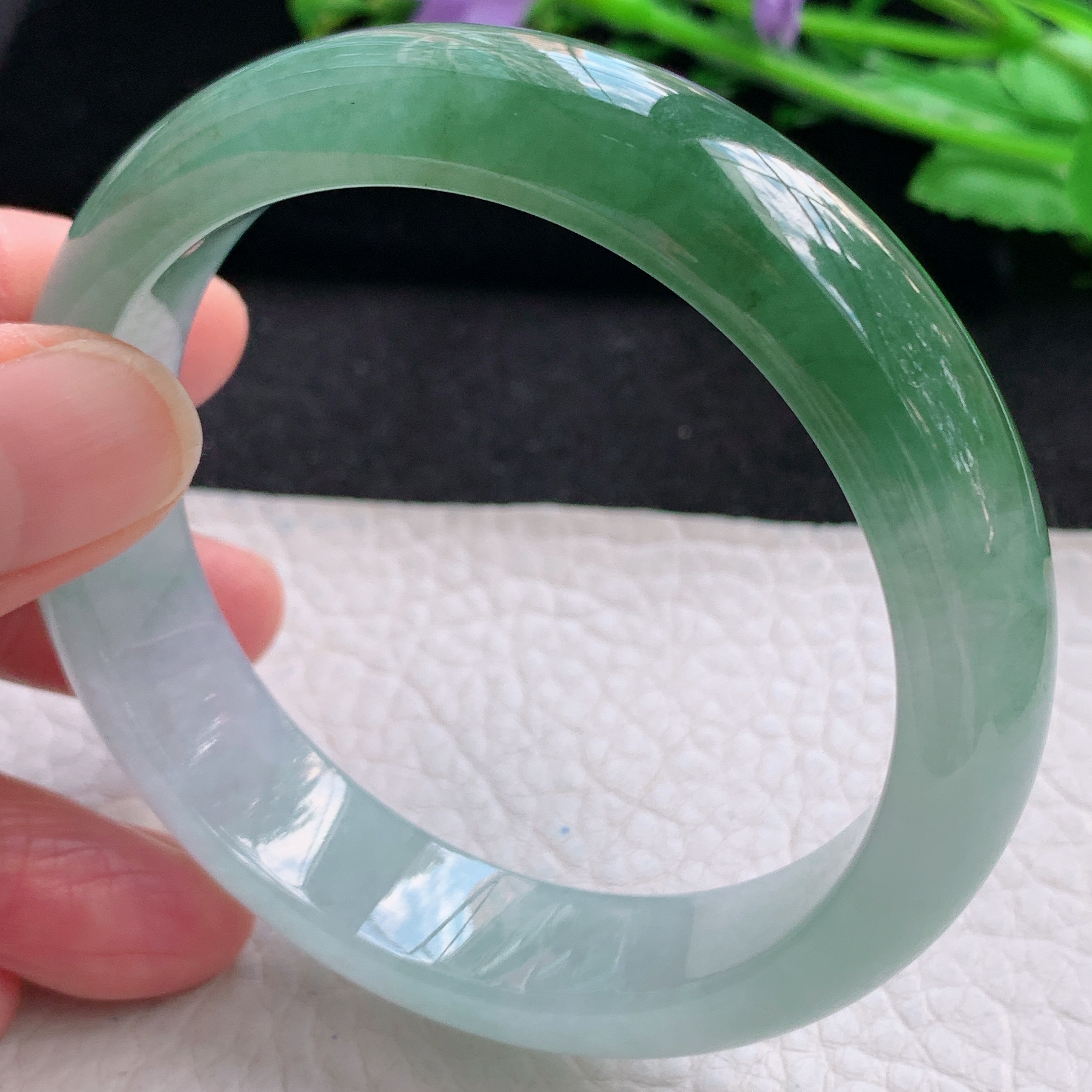 xo自然光56*13.6*7.6招财镯 缅甸翡翠a货玉手镯半山水宽边玉手环