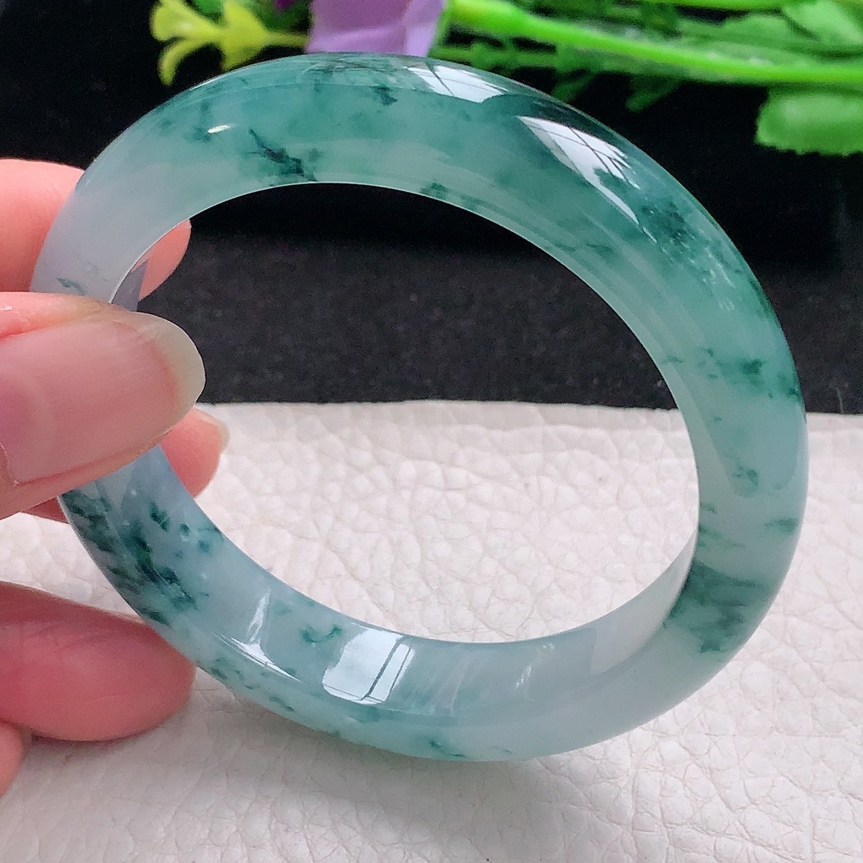 cc自然光54.5*12.3*8.2平安镯 翡翠a货玉手镯冰飘蓝花宽边玉手环