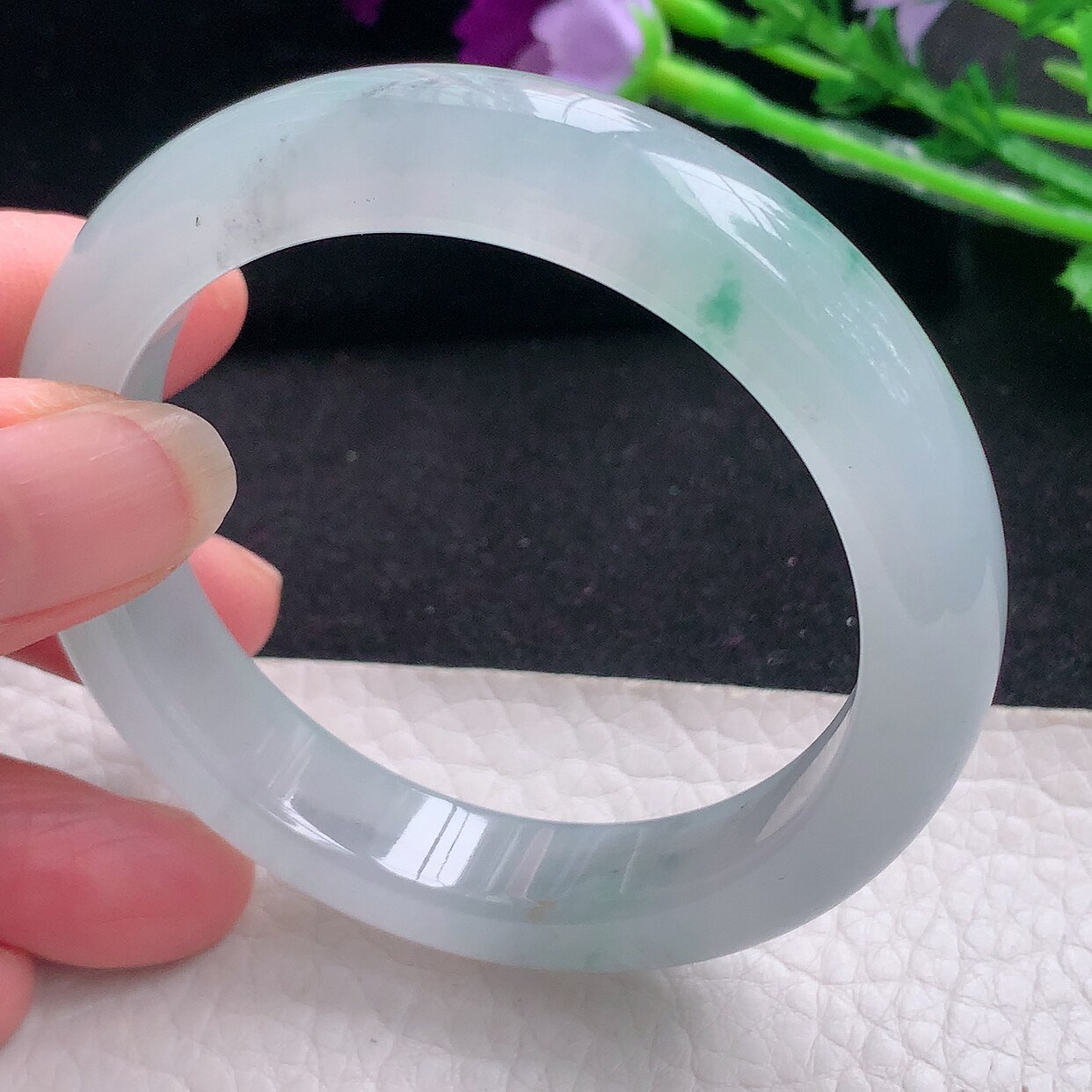 xo自然光53*11.6*8.3平安镯缅甸翡翠A货冰飘绿花宽边玉手镯玉手环