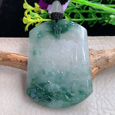 yl实拍54.2*40.6*6.2缅甸翡翠圆冰透蓝花山水牌项坠男款招财项坠