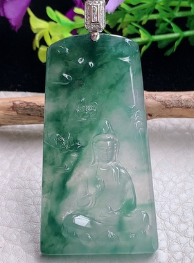 yl自然光53.4*28.8*5.8天然缅甸翡翠a货精雕冰蓝山水观音玉坠金镶