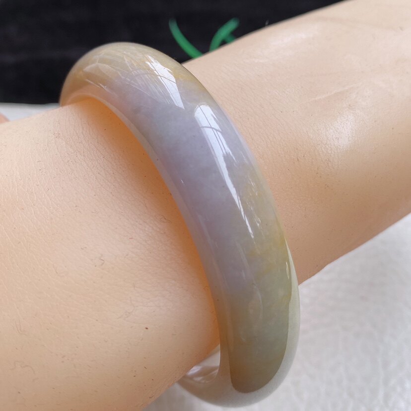 zz缅甸翡翠手镯59黄翡紫色平安镯正圈宽边玉镯 玉手环59*14.5*7.8