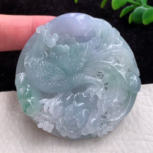sx自然光 缅甸翡翠A货精雕淡春彩母仪天下 凤牌玉坠尺寸56*13.3mm