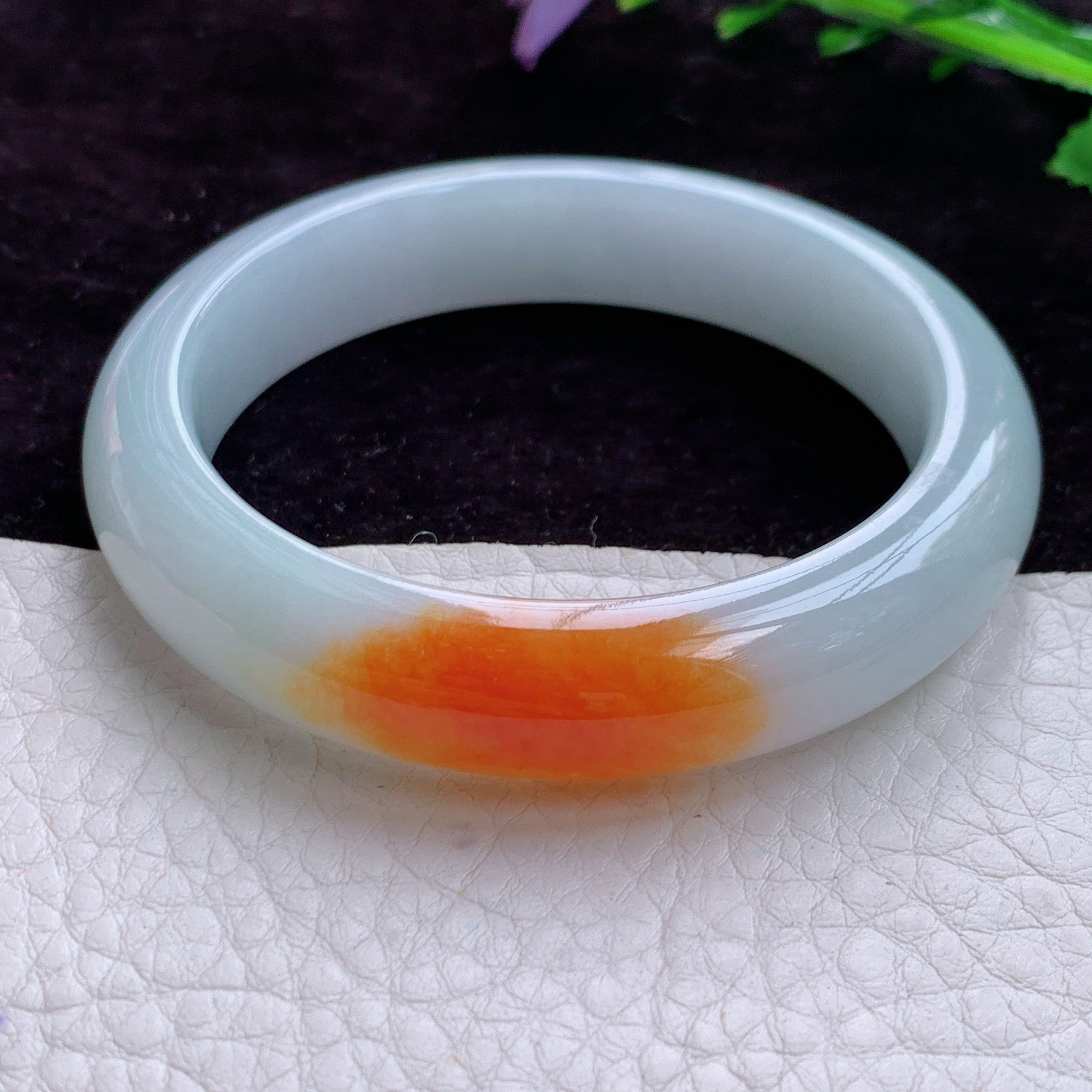 h实拍 52.5*12*8.8缅甸翡翠手镯冰胶清爽双彩红翡正圈玉镯 平安镯