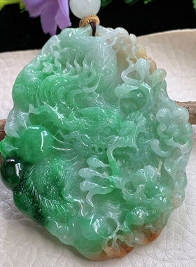 xj实拍70.4*56*8.8缅甸翡翠A货精雕三彩霸气龙牌玉吊坠 毛衣坠