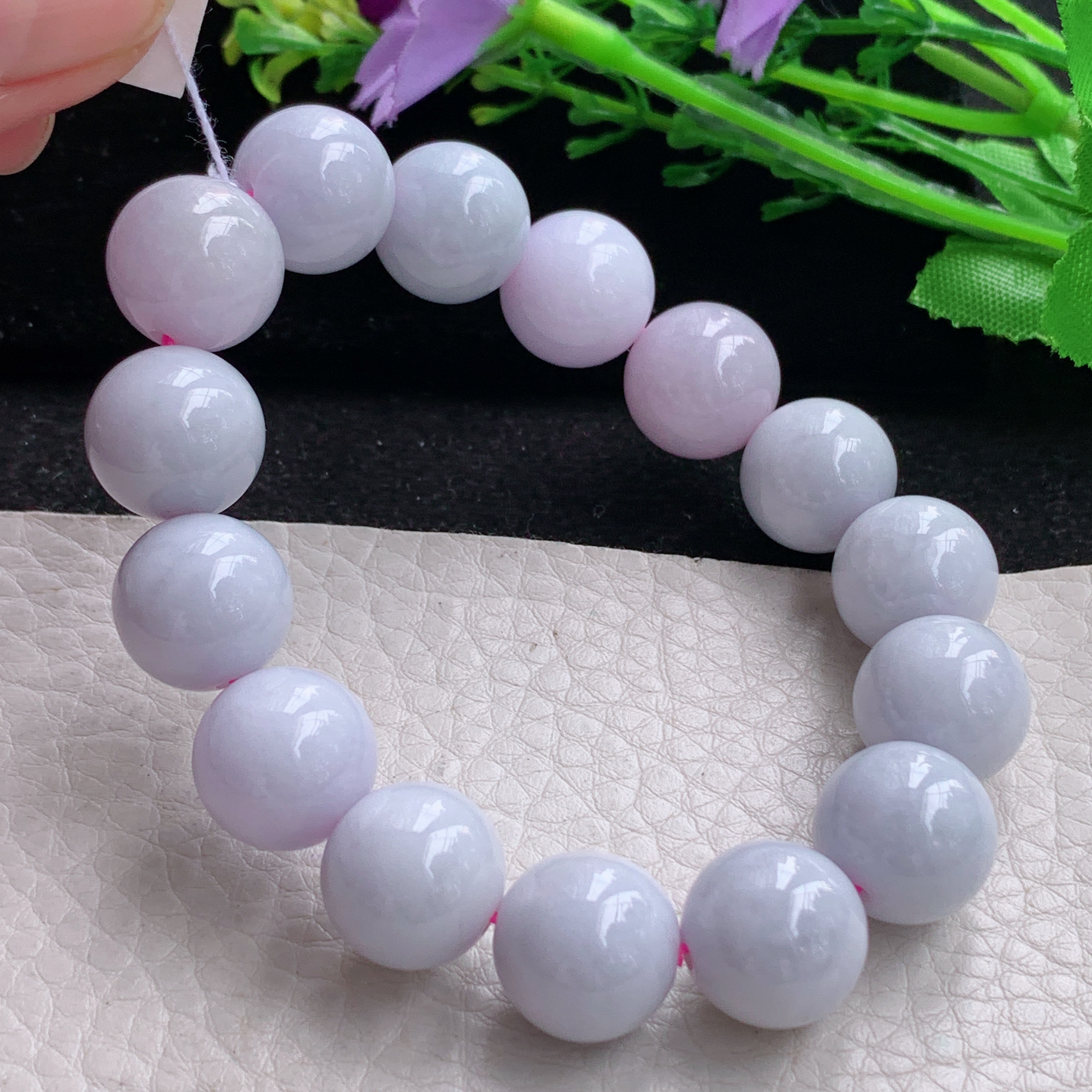 ss自然光13.3mm天然缅甸翡翠a货淡紫水润圆珠玉手链  玉手串女款