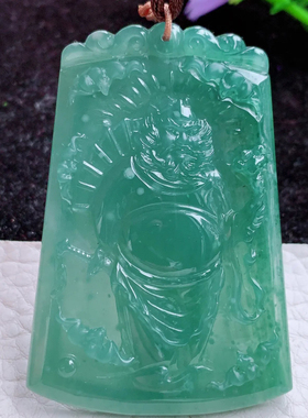 bg实拍62.3*42.8*6危料翡翠A货精雕冰种蓝水钟魁玉吊坠招财玉坠