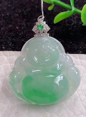 qxm实拍18k金镶缅甸翡翠A货冰绿弥勒大佛公玉吊坠34.2*28.7*6.2mm